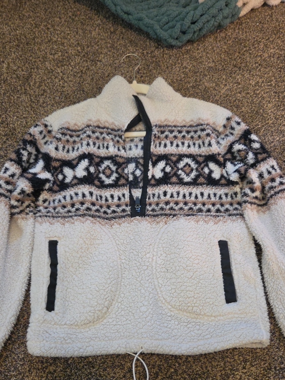 No Boundaries Cream Sherpa Pullover with Patterned Yoke